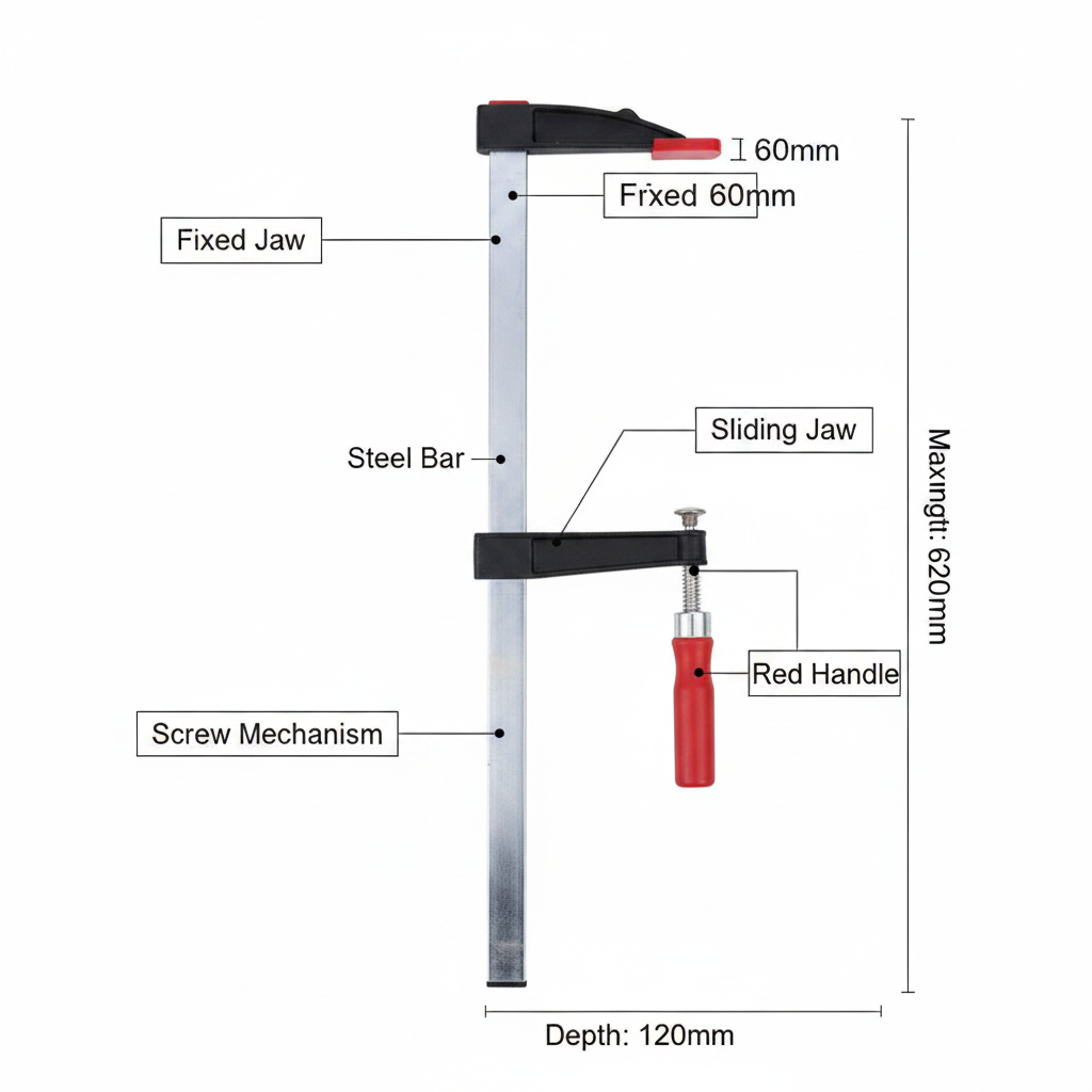 Serre-joint F infographie technique pièces annotées