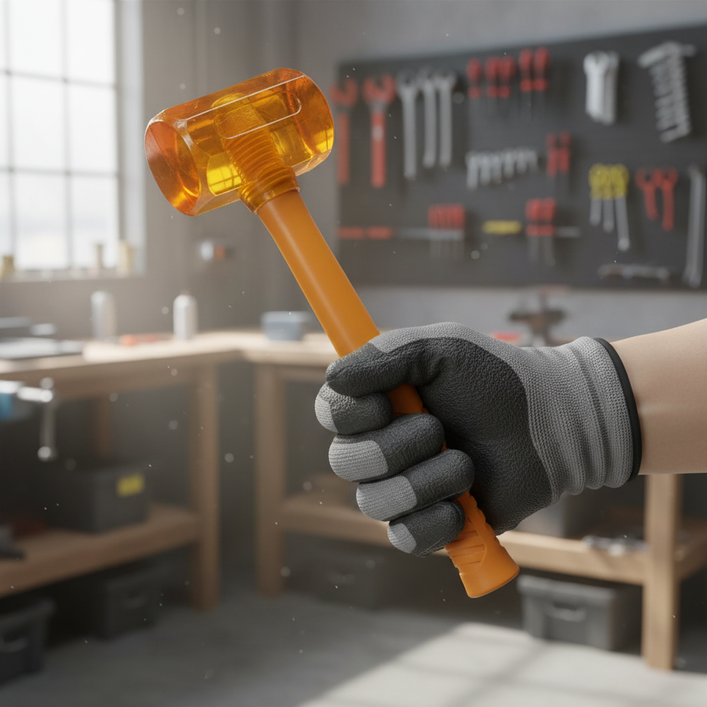 Marteau tenu en main avec gants de travail