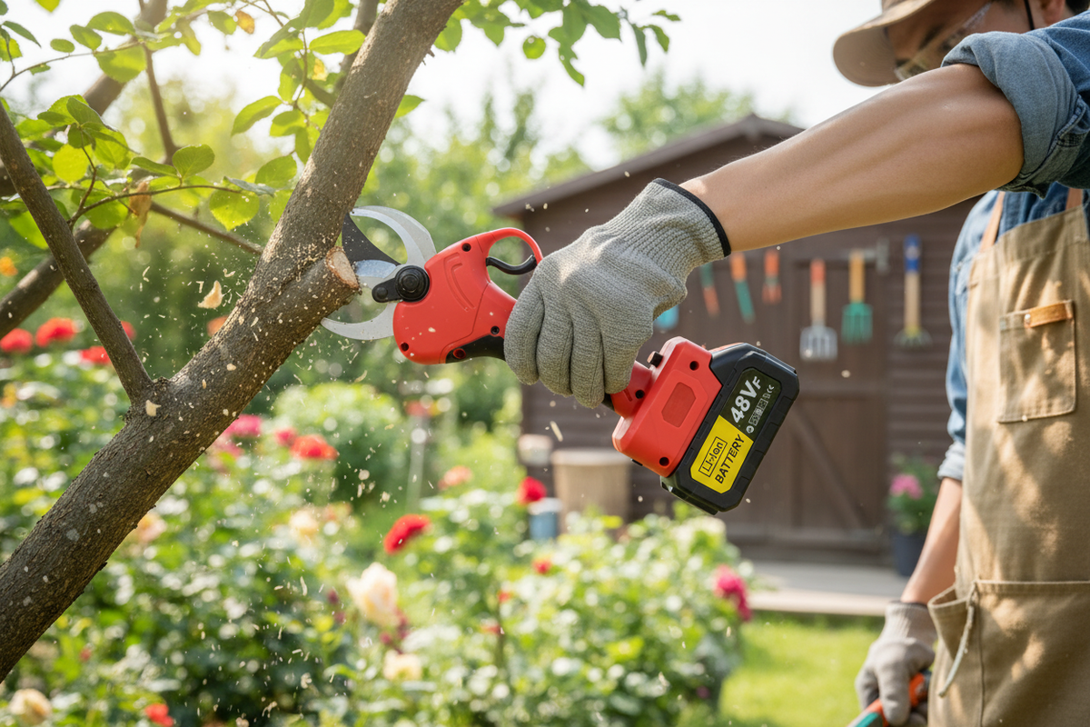 Sécateur électrique en utilisation pour tailler des branches