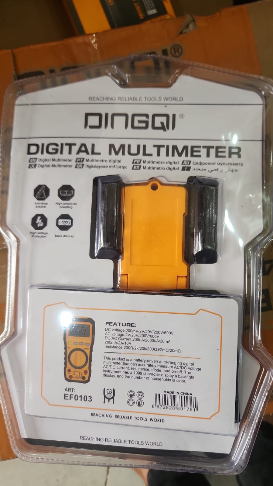 Multimètre DINGQI EF0103 - Vue arrière avec spécifications