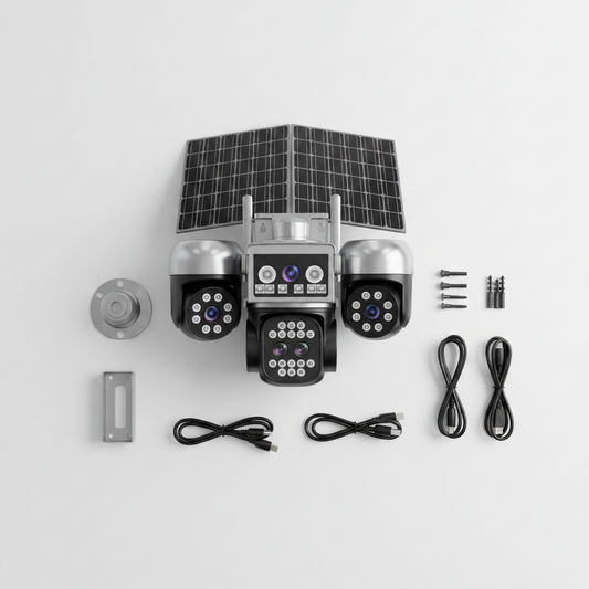 Kit complet caméra solaire PTZ flat lay