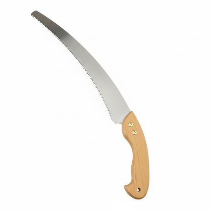Scie d'élagage Saworai - Détail de la lame courbée et manche en bois