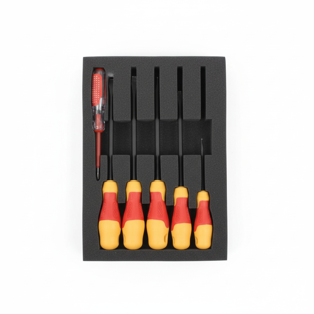 Vue organisée du kit de tournevis VDE dans étui en mousse