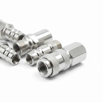 Raccords DINGQI - Gros plan finition chrome et filetage