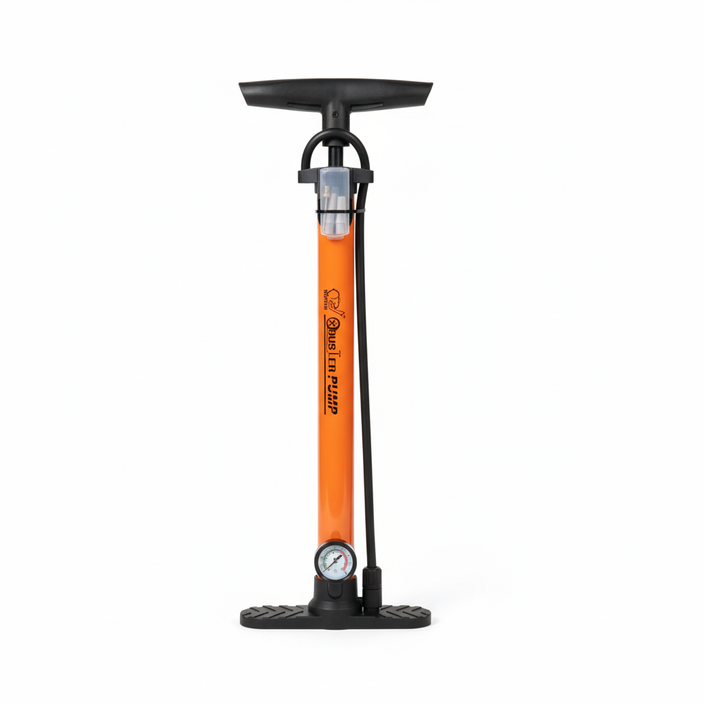 Pompe à pied professionnelle orange avec manomètre - vue de face