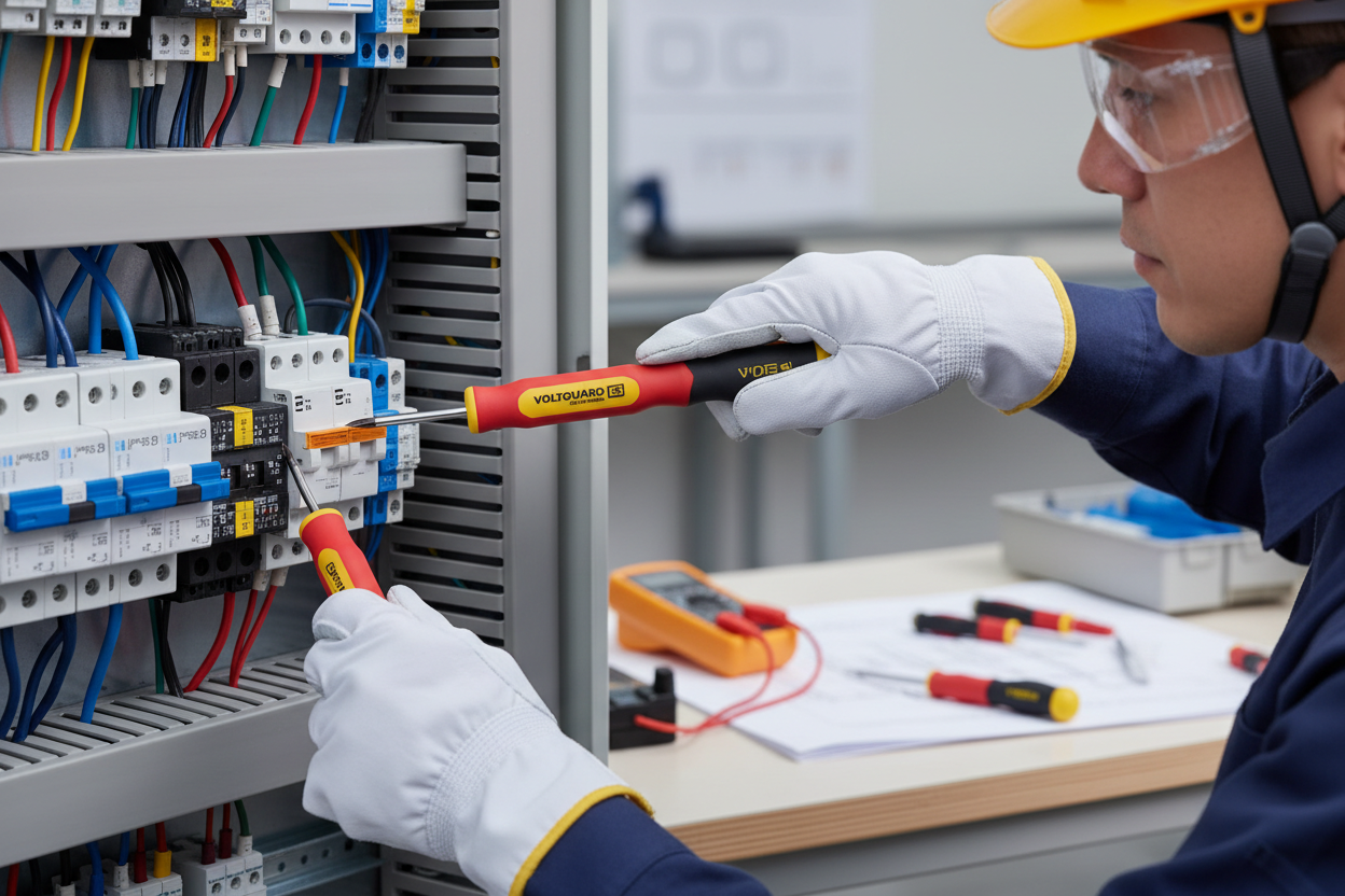 Électricien professionnel utilisant les tournevis VDE sur tableau électrique