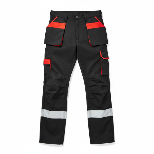 Pantalon de Travail Cargo – Bandes Réfléchissantes & Poches Rouges
