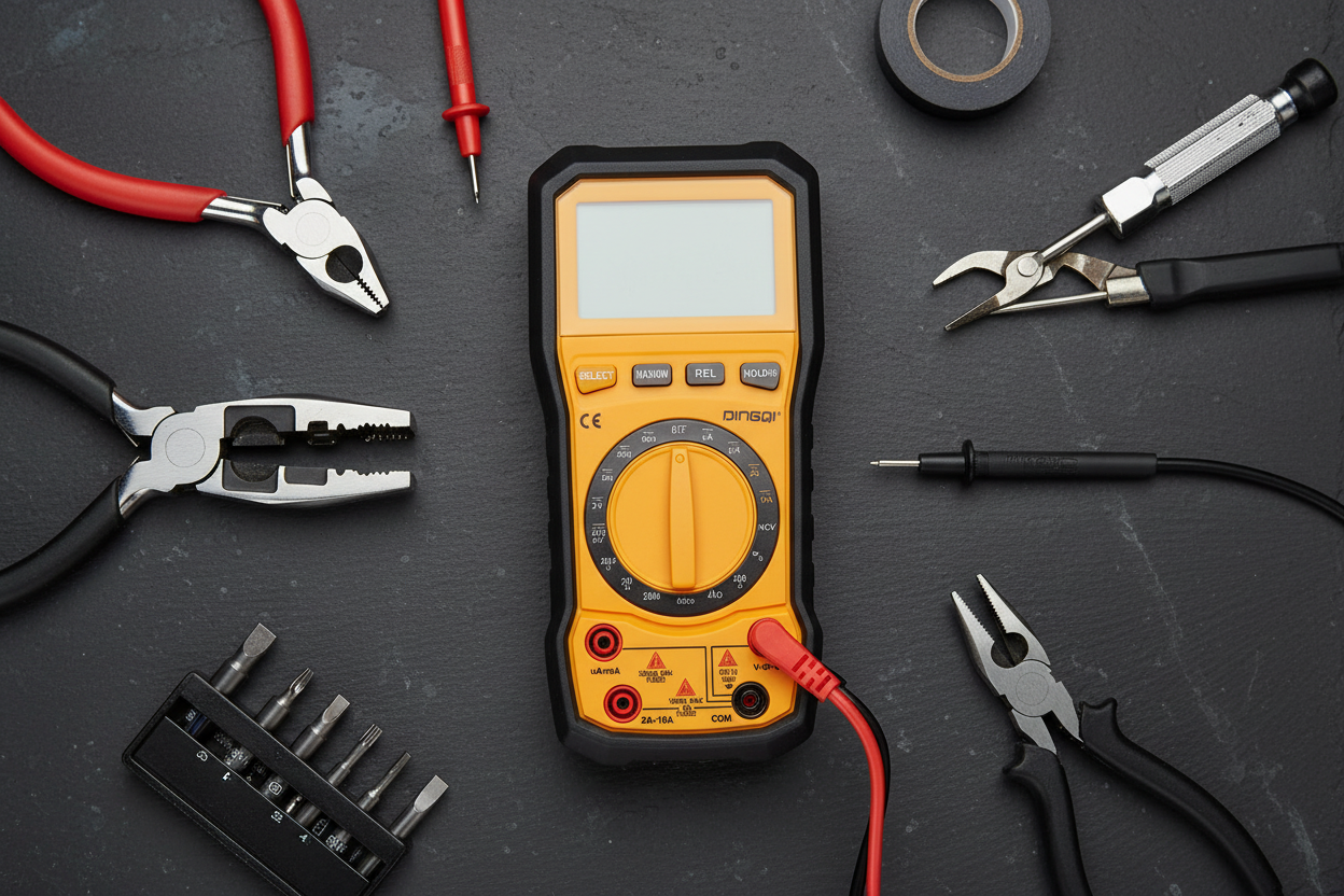 Multimètre DINGQI EF0103 - Flat lay avec sondes