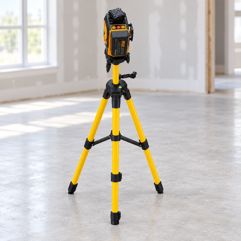 Niveau laser sur trépied en ambiance chantier
